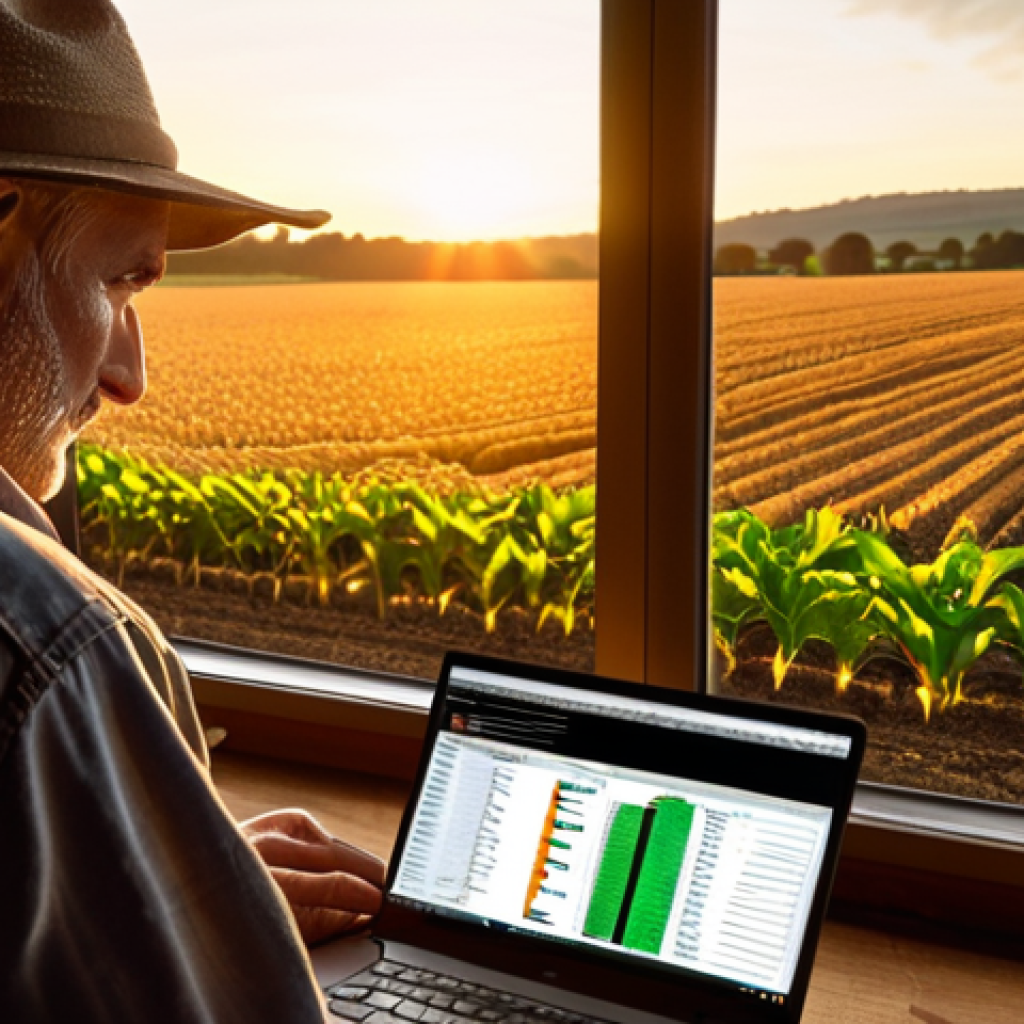 **A farmer meticulously reviewing a detailed agricultural budget, illuminated by the warm glow of a laptop screen, with fields of crops visible through the window.** (Focus: Financial management in agriculture)