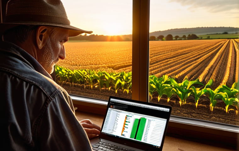 **A farmer meticulously reviewing a detailed agricultural budget, illuminated by the warm glow of a laptop screen, with fields of crops visible through the window.** (Focus: Financial management in agriculture)
