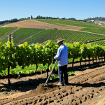 Soil Analysis in a Vineyard**

A fully clothed technician wearing appropriate attire, is taking a soil sample in a lush, green vineyard in the Douro Valley, Portugal. rolling hills are visible in the background under a clear blue sky. The technician is using a soil auger, and sample bags are neatly organized nearby. Focus on the details of the soil and the surrounding grapevines. Safe for work, appropriate content, professional, modest, perfect anatomy, natural proportions, high quality image, family-friendly scene, showcasing sustainable agriculture practices.

**