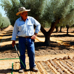 Drought Resilience**

"An Alentejo farm landscape during a drought, featuring drought-resistant almond and olive trees, efficient drip irrigation system visible, showcasing soil conservation techniques like mulching, fully clothed farmer inspecting crops, appropriate attire, safe for work, perfect anatomy, natural proportions, professional, family-friendly"

**