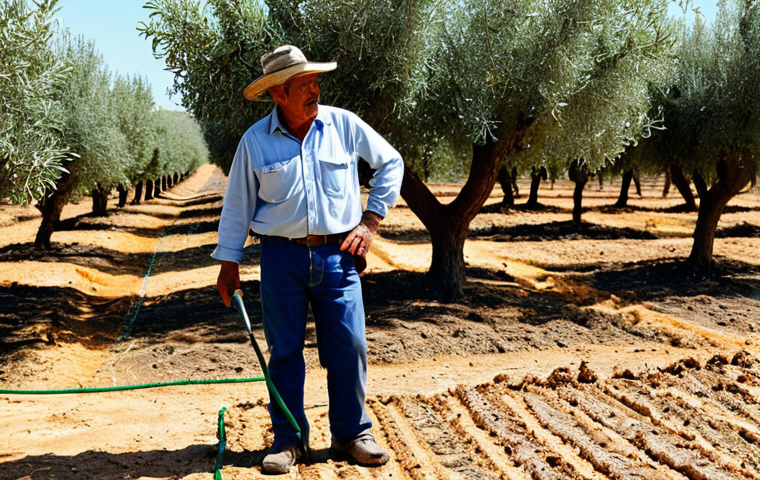 Drought Resilience**

"An Alentejo farm landscape during a drought, featuring drought-resistant almond and olive trees, efficient drip irrigation system visible, showcasing soil conservation techniques like mulching, fully clothed farmer inspecting crops, appropriate attire, safe for work, perfect anatomy, natural proportions, professional, family-friendly"

**