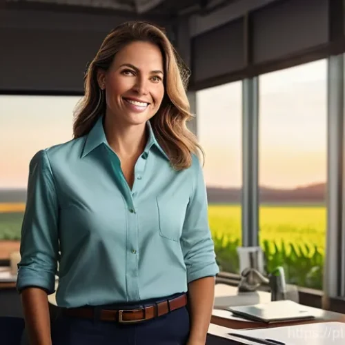 농업경영사 실무 인터뷰 준비 팁 - **Prompt:** A confident female agricultural manager, in her late 30s, stands in a modern, well-lit o...