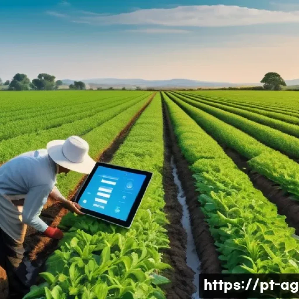 농업경영사 경력개발 전략 - A modern agricultural field at sunrise featuring a diverse landscape with sensor devices and IoT equ...