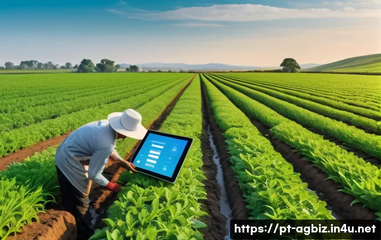 농업경영사 경력개발 전략 - A modern agricultural field at sunrise featuring a diverse landscape with sensor devices and IoT equ...