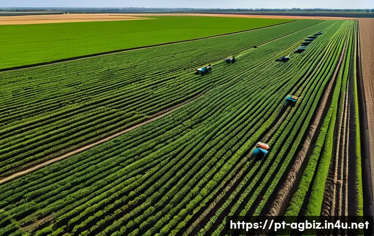 농업경영사 일상 공유하기 - A detailed aerial view of a modern Brazilian farm showcasing precision agriculture technology: drone...