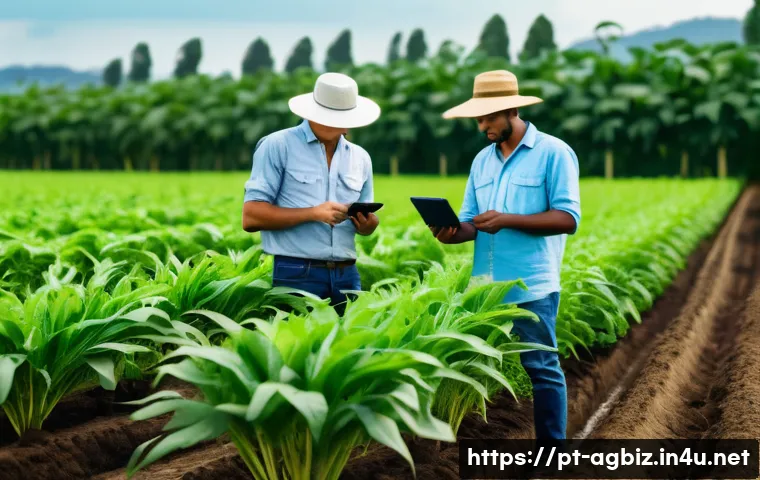 농업경영사 실기 시험 준비 노하우 - A detailed agricultural farm scene in Brazil showing a diverse group of farmers working together: on...