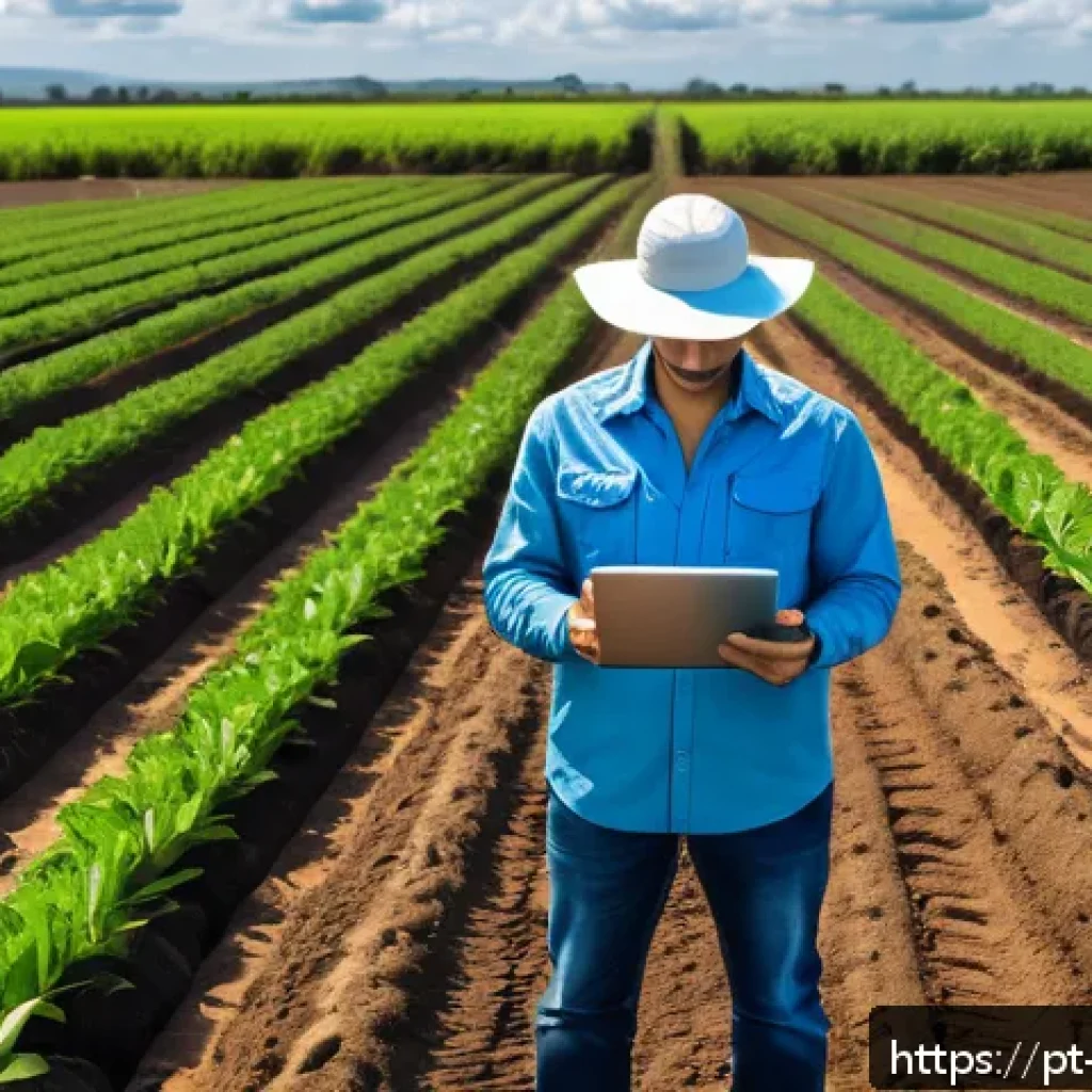 농업경영사 업무 효율성을 높이는 방법 - A modern Brazilian farm landscape showcasing advanced agricultural technology: a farmer wearing casu...