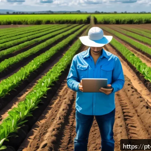 Home 30 농업경영사 업무 효율성을 높이는 방법 - A modern Brazilian farm landscape showcasing advanced agricultural technology: a farmer wearing casu...