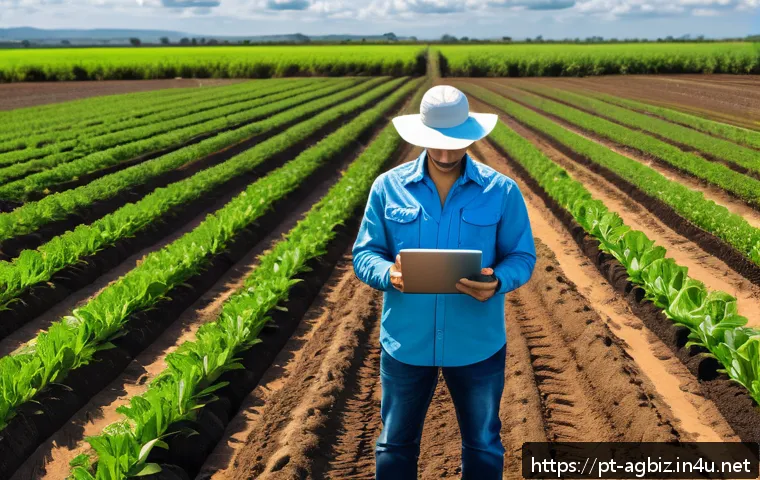 농업경영사 업무 효율성을 높이는 방법 - A modern Brazilian farm landscape showcasing advanced agricultural technology: a farmer wearing casu...