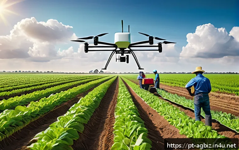 농업경영사로 성공적인 경력 전환 사례 - A modern agricultural field scene featuring a diverse team of Brazilian farm workers wearing practic...