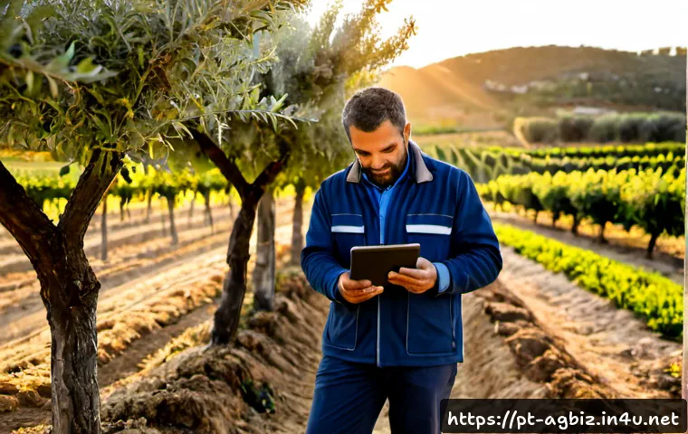 농업경영사 업무의 하루 루틴 - Photorealistic early-morning rural Portugal farm management routine, a Portuguese agricultural manag...