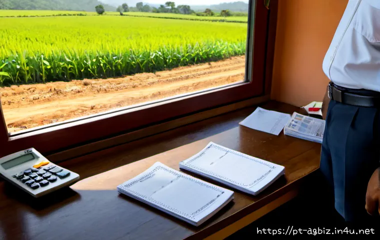 농업경영사 초보자를 위한 가이드 - Photorealistic beginner farm manager in rural Brazil reviewing a simple crop budget with a calculato...
